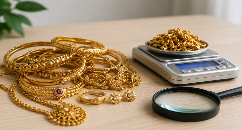 Close-up of old gold jewellery with necklaces, bangles, rings, and a digital weighing scale showing the process of gold purity testing and valuation.