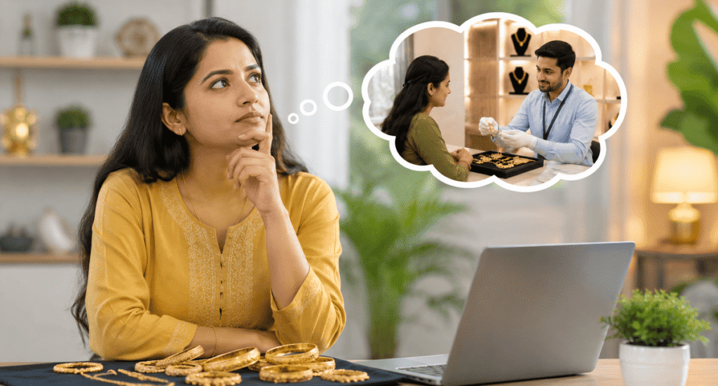 Woman searching online to find trusted gold buyers near her in Bangalore before selling gold jewelry.